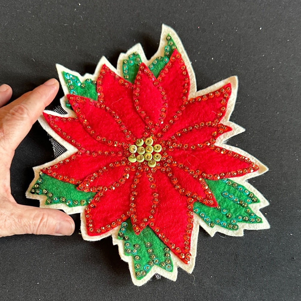 Handmade Holiday Bell and Poinsettia Embroidered Patches Holiday Table Decor - Picture 8 of 10